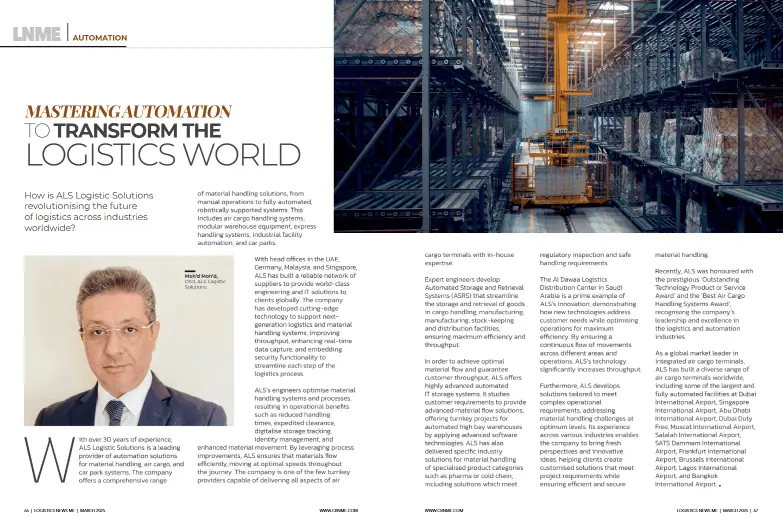 Logistics News ME March 2025 spread “Mastering Automation to Transform the Logistics World” with ALS CEO Moh’d Moh’d