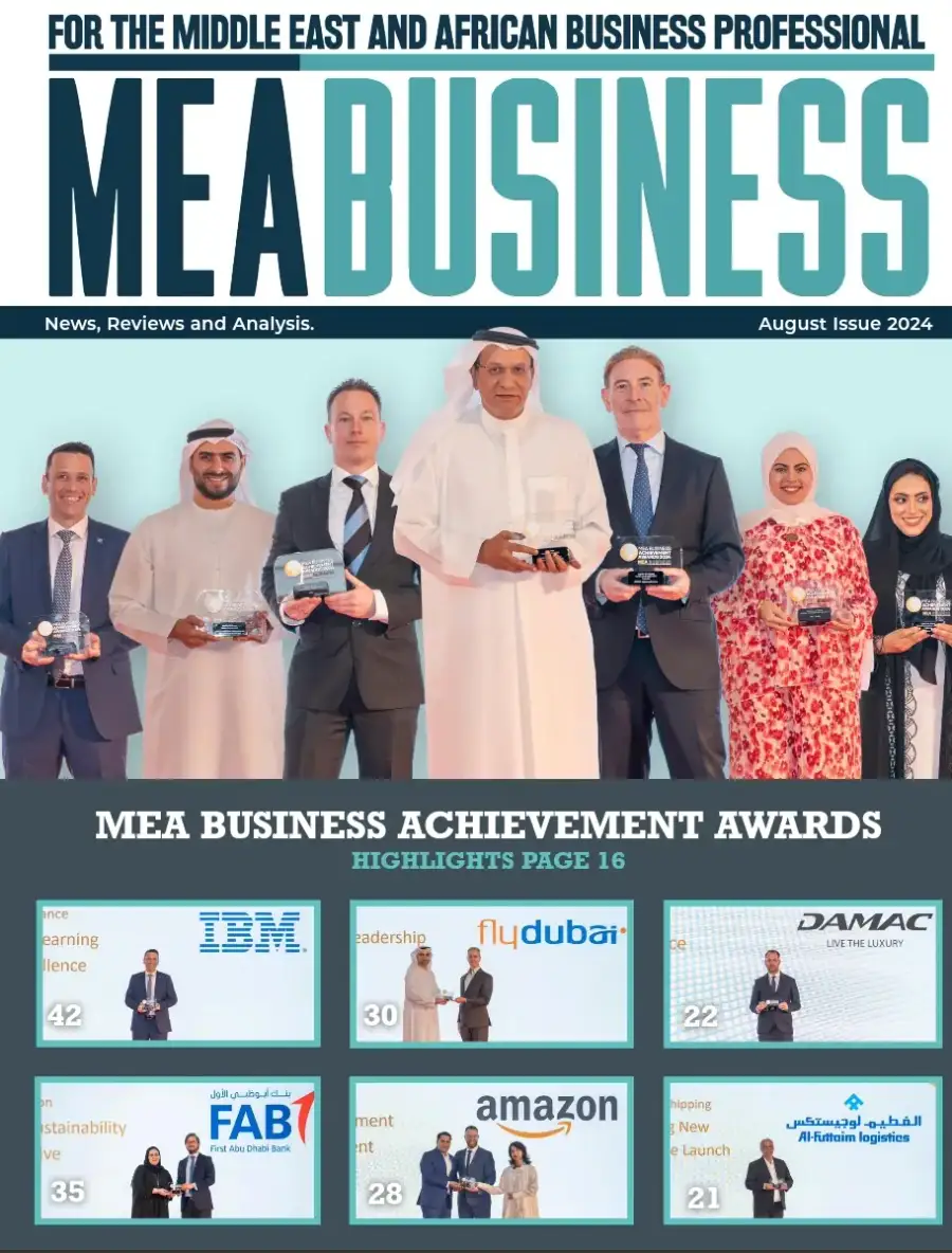 MEA Business Magazine August 2024 cover showing MEA Business Achievement Awards winners holding trophies