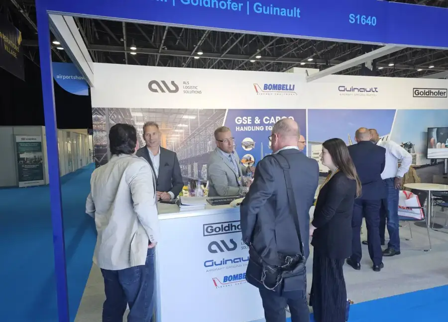 Visitors at the ALS, Bombelli, Guinault and Goldhofer stand counter at the Airport Show 2024, Dubai World Trade Centre