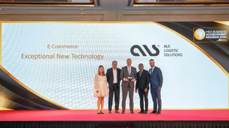 ALS team accepting the E-Commerce Exceptional New Technology award on stage at the MEA Business Achievement Awards 2024