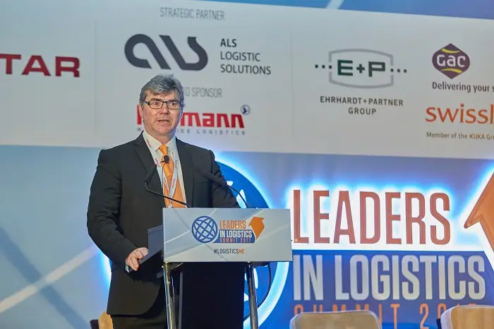 Speaker at the podium of Leaders in Logistics 2017 in Dubai, with ALS shown as strategic partner