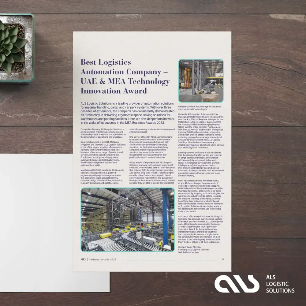 Printed MEA Markets Business Awards 2023 article naming ALS Best Logistics Automation Company – UAE