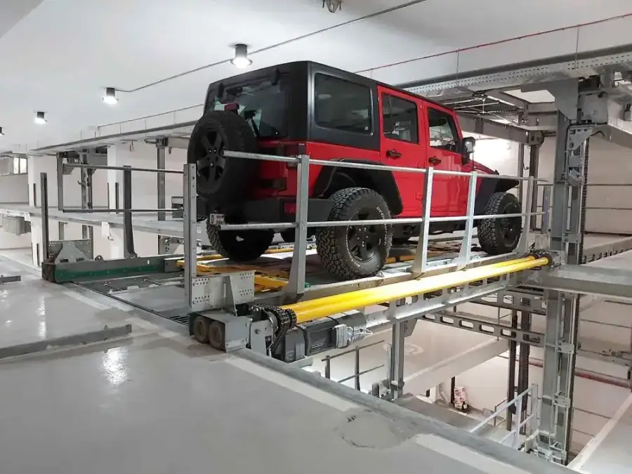 Car on a shuttle platform inside the fully automated multi-level car park at Al Tadawi Hospital, Dubai