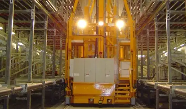 Yellow elevating transfer vehicle in a ULD storage aisle at Kadena US Air Force Base, Okinawa, Japan