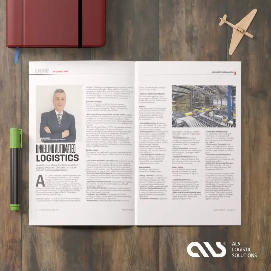 Logistics News ME June 2024 spread “Unveiling Automated Logistics” featuring ALS Managing Director Walid Khoury